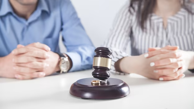 Gavel and wedding ring with blurred background of two couples