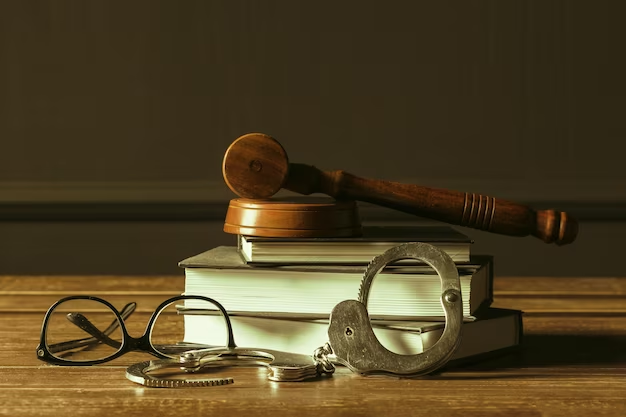 eyeglasses, handcuff, books, and gavel on a table